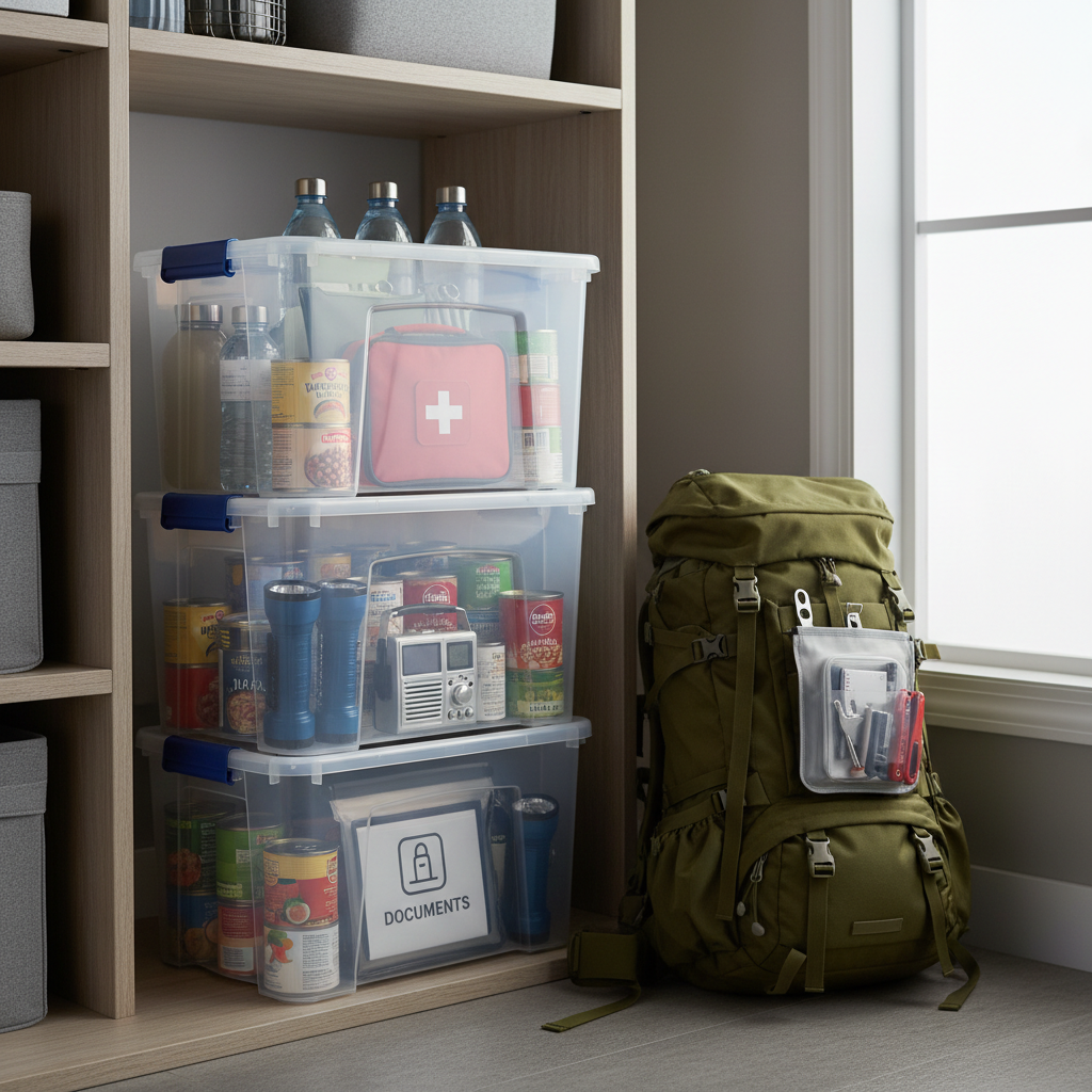 A clearly labeled emergency preparedness kit with essential supplies like water, food, first-aid, and flashlights.