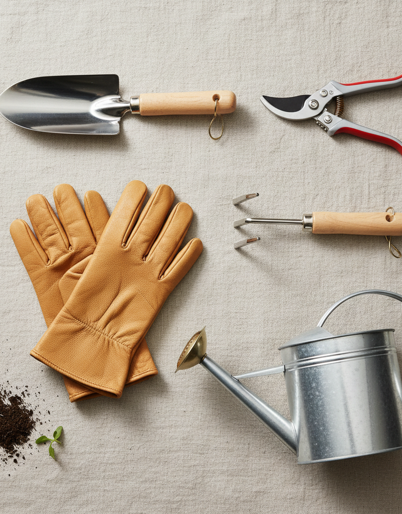 Five essential gardening tools for beginners: hand trowel, pruning shears, gardening gloves, watering can, hand cultivator.