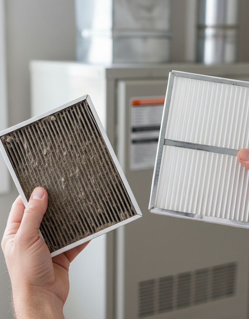 Homeowner holding a dirty HVAC filter and a new, clean replacement filter