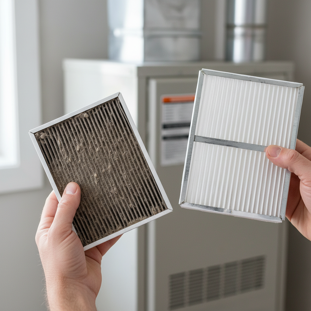 Homeowner holding a dirty HVAC filter and a new, clean replacement filter