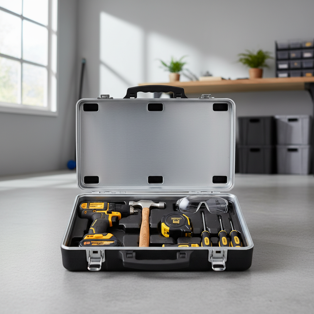 Essential homeowner tools, including a cordless drill, hammer, screwdrivers, and tape measure, neatly organized in a toolbox.