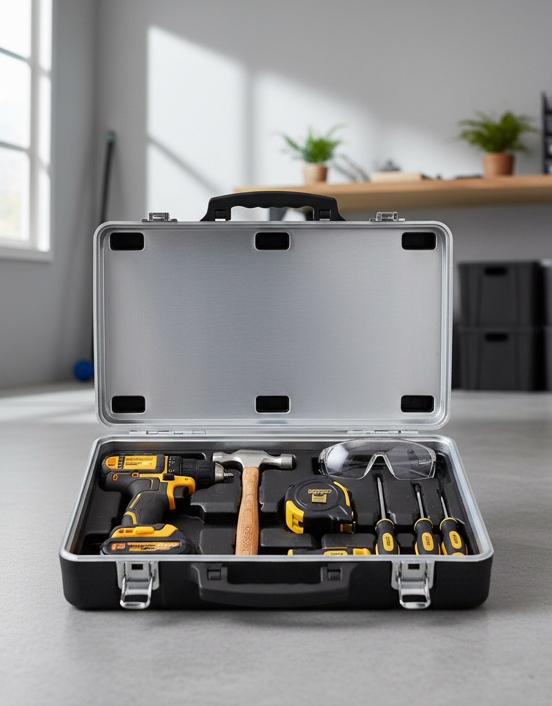 Essential homeowner tools, including a cordless drill, hammer, screwdrivers, and tape measure, neatly organized in a toolbox.