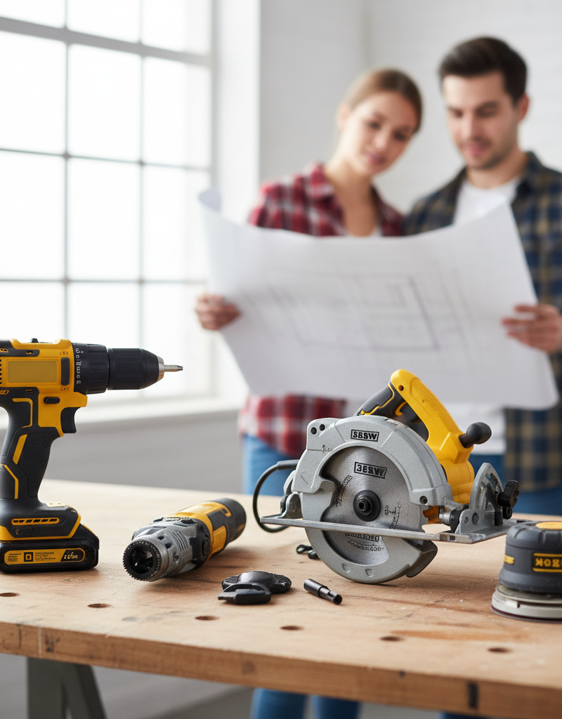 Essential power tools for new homeowners: cordless drill, oscillating multi-tool, circular saw, random orbital sander on a workbench.