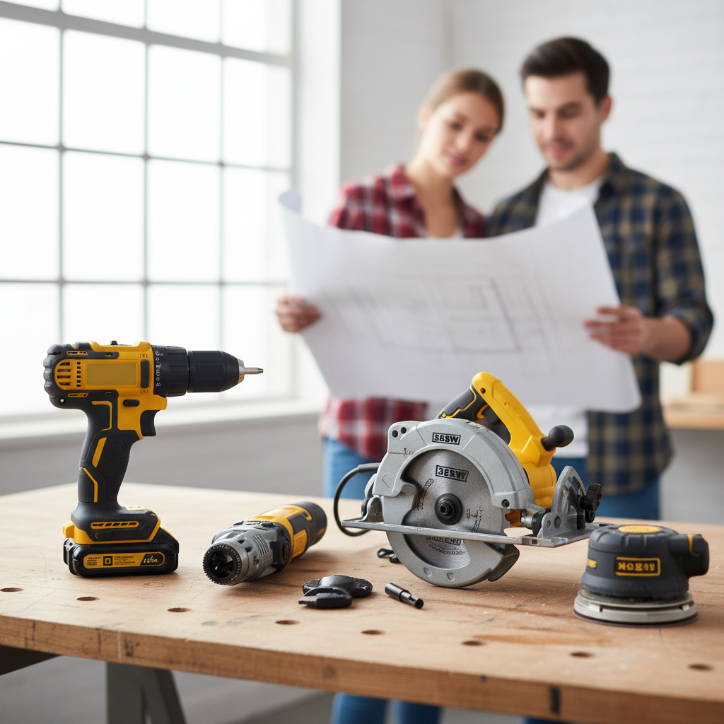 Essential power tools for new homeowners: cordless drill, oscillating multi-tool, circular saw, random orbital sander on a workbench.