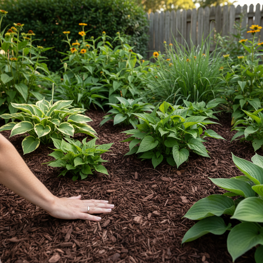 A garden bed covered in thick, dark mulch, with thriving green plants peeking through, completely free of weeds. A symbol of effective weed prevention.