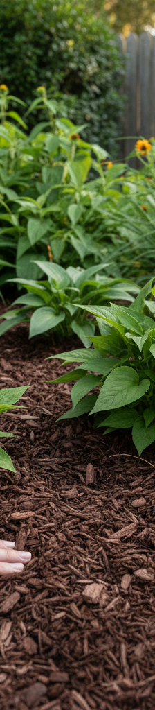 A garden bed covered in thick, dark mulch, with thriving green plants peeking through, completely free of weeds. A symbol of effective weed prevention.