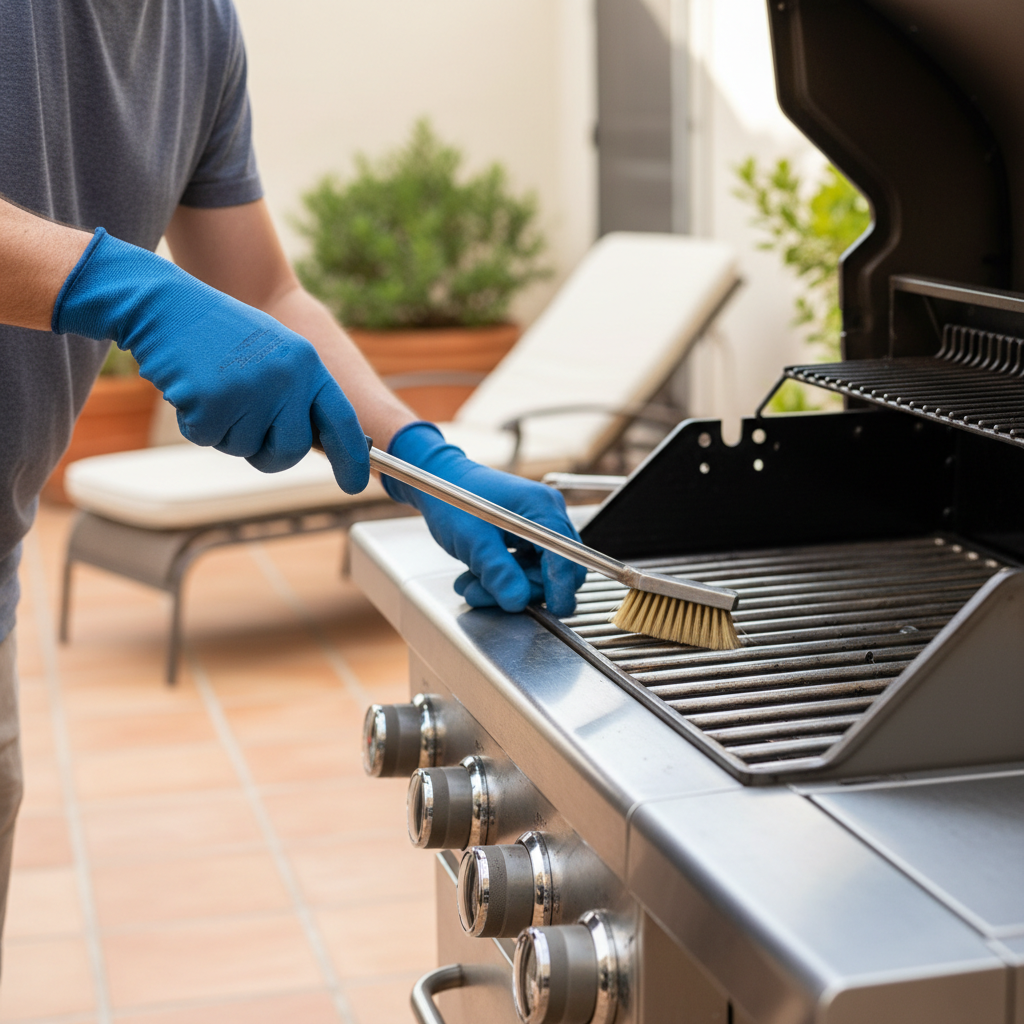 Homeowner performing summer maintenance on a gas grill to extend its lifespan.