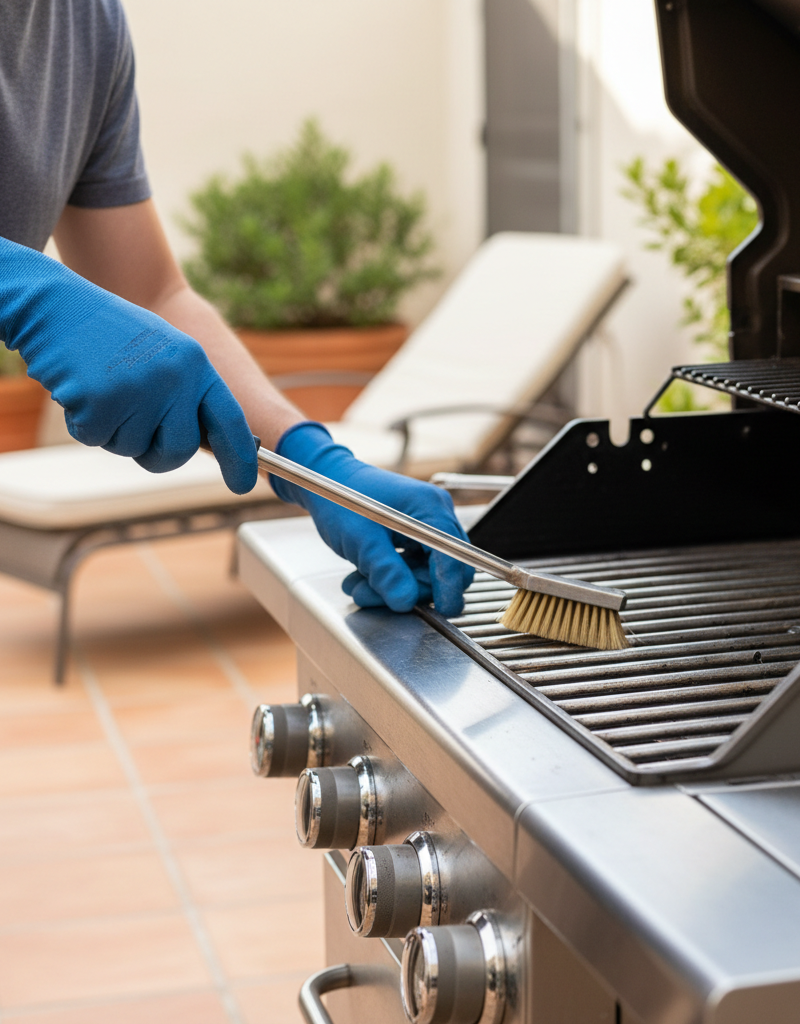 Homeowner performing summer maintenance on a gas grill to extend its lifespan.