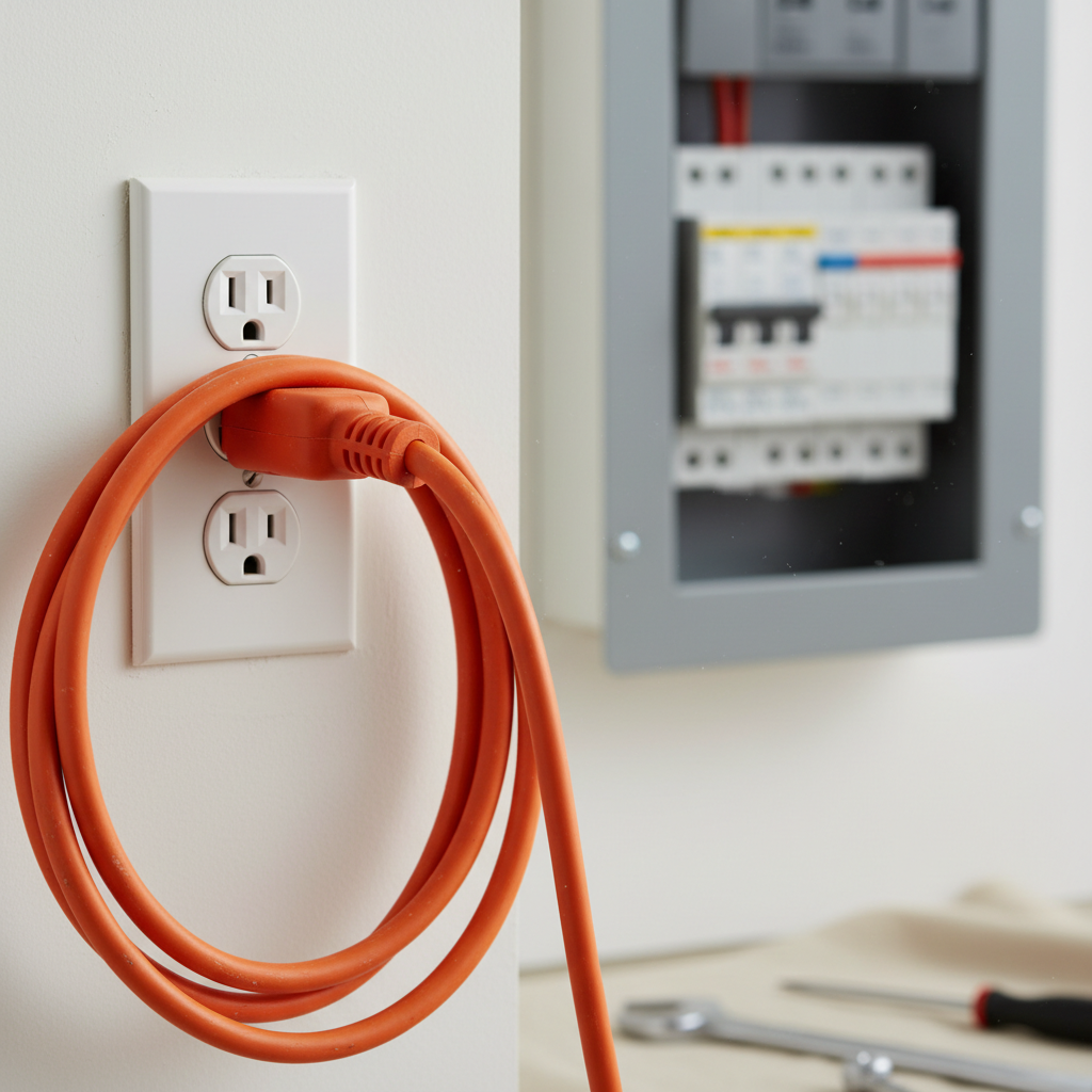 Close-up of a heavy-duty orange extension cord plugged into a wall outlet, with a home electrical panel in the background.