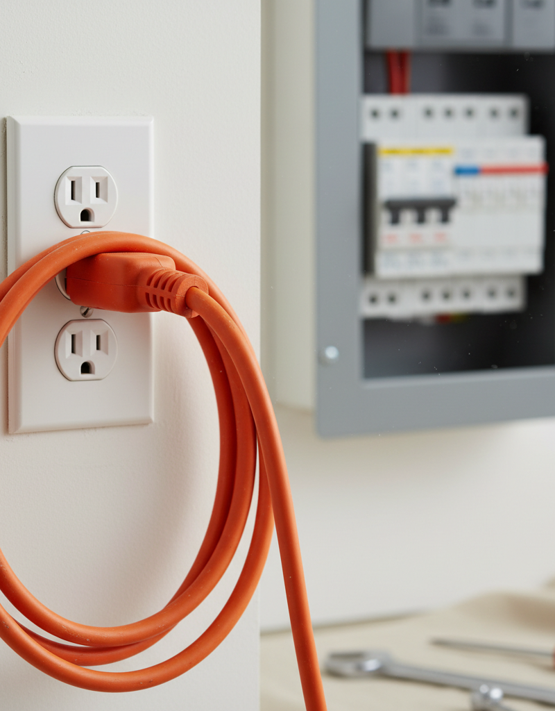Close-up of a heavy-duty orange extension cord plugged into a wall outlet, with a home electrical panel in the background.
