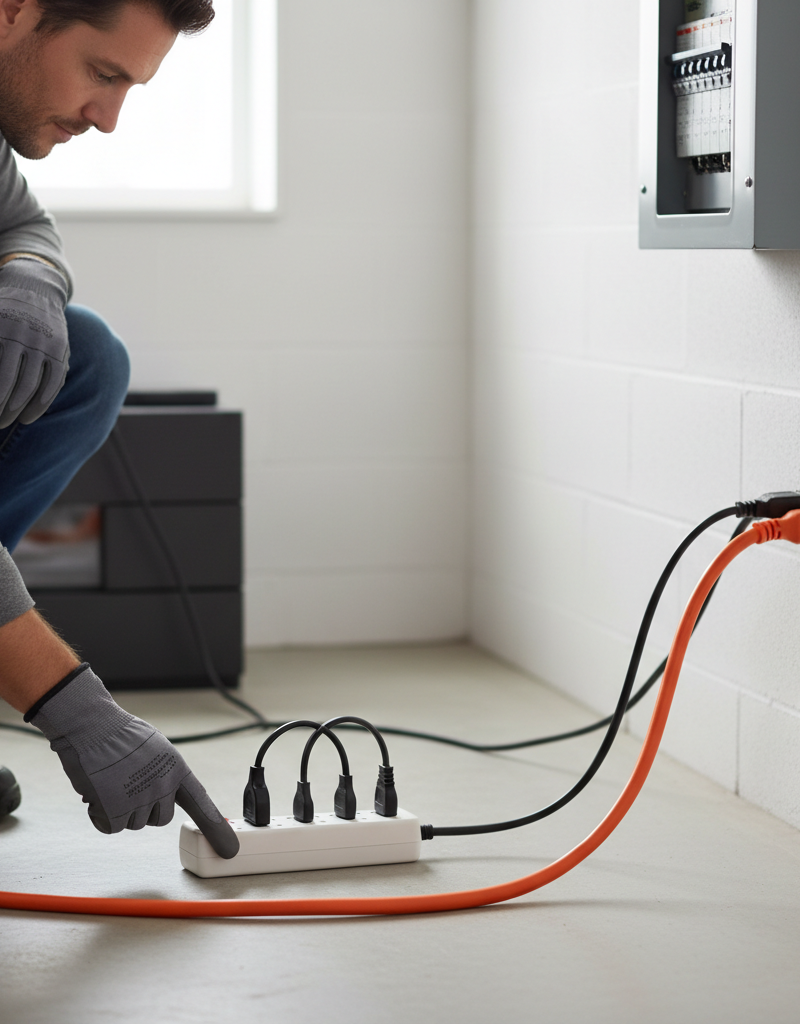 Homeowner inspecting a heavy-duty extension cord for damage before plugging in tools.