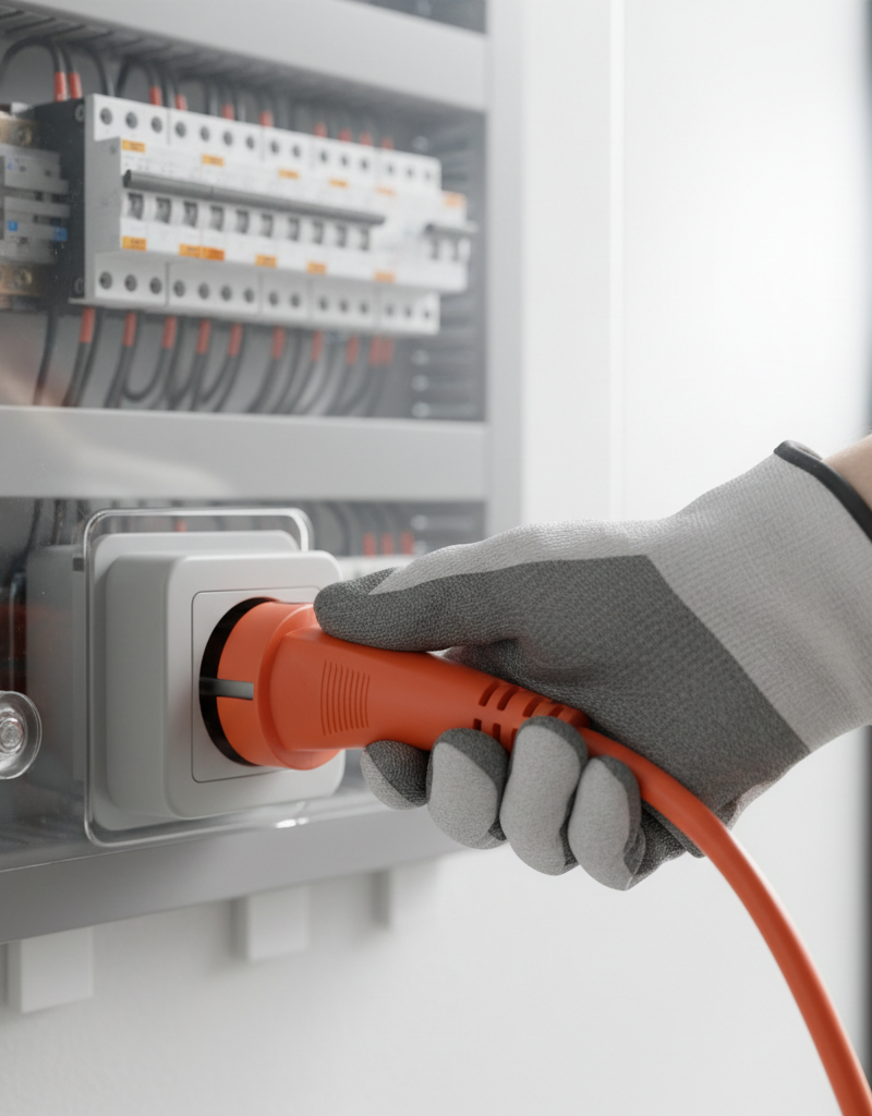 Hand plugging an extension cord into an outlet, with a circuit breaker box in the background, illustrating electrical troubleshooting.