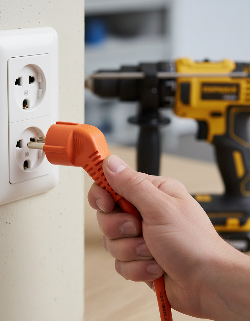 Homeowner plugging a heavy-duty yellow extension cord into a wall outlet.