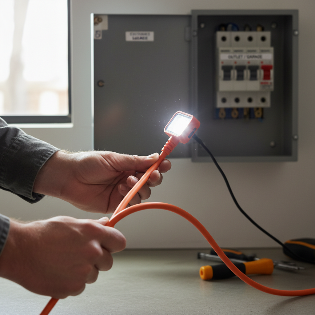 Homeowner inspecting a damaged extension cord with a tripped circuit breaker