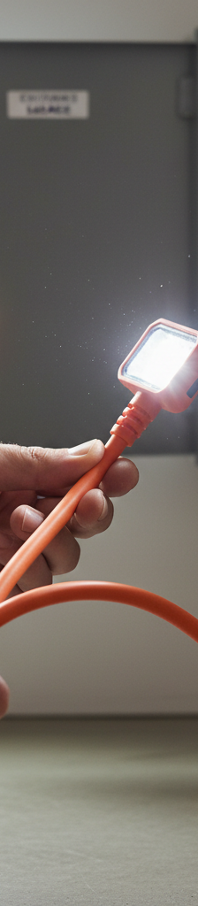 Homeowner inspecting a damaged extension cord with a tripped circuit breaker