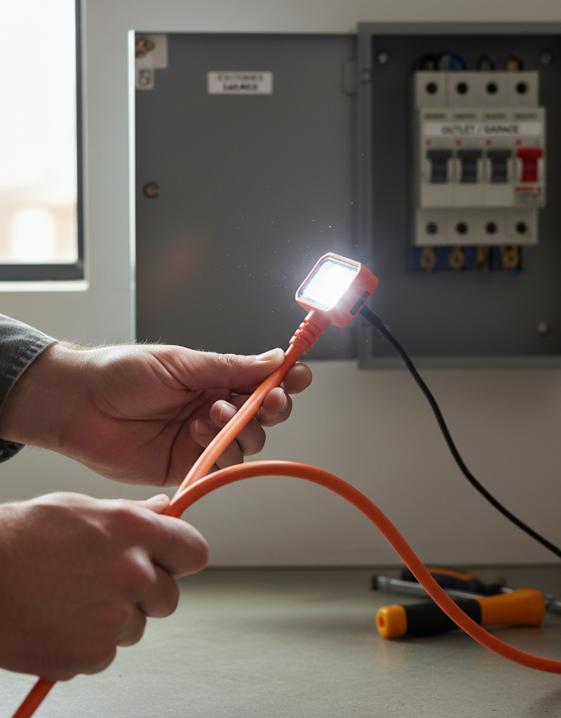 Homeowner inspecting a damaged extension cord with a tripped circuit breaker