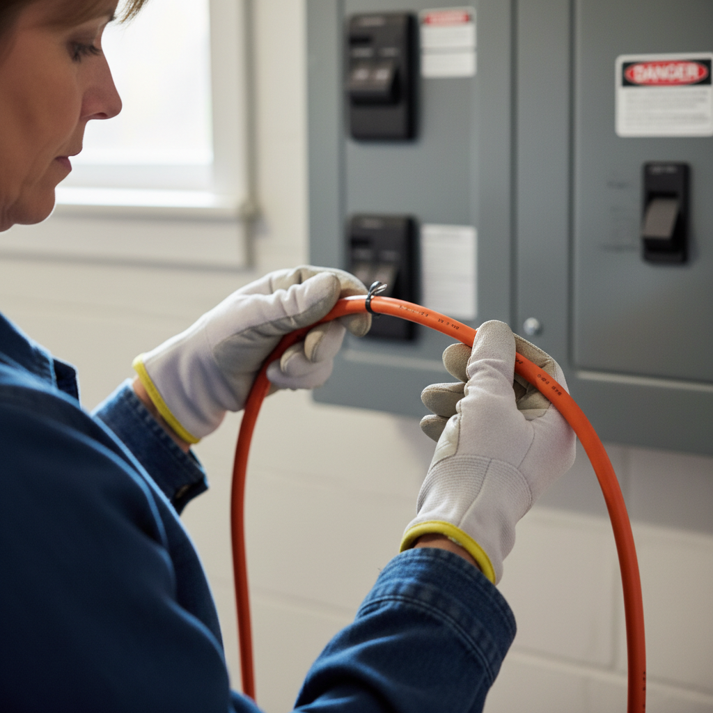 Homeowner inspecting an orange heavy-duty extension cord for damage near a circuit breaker panel.
