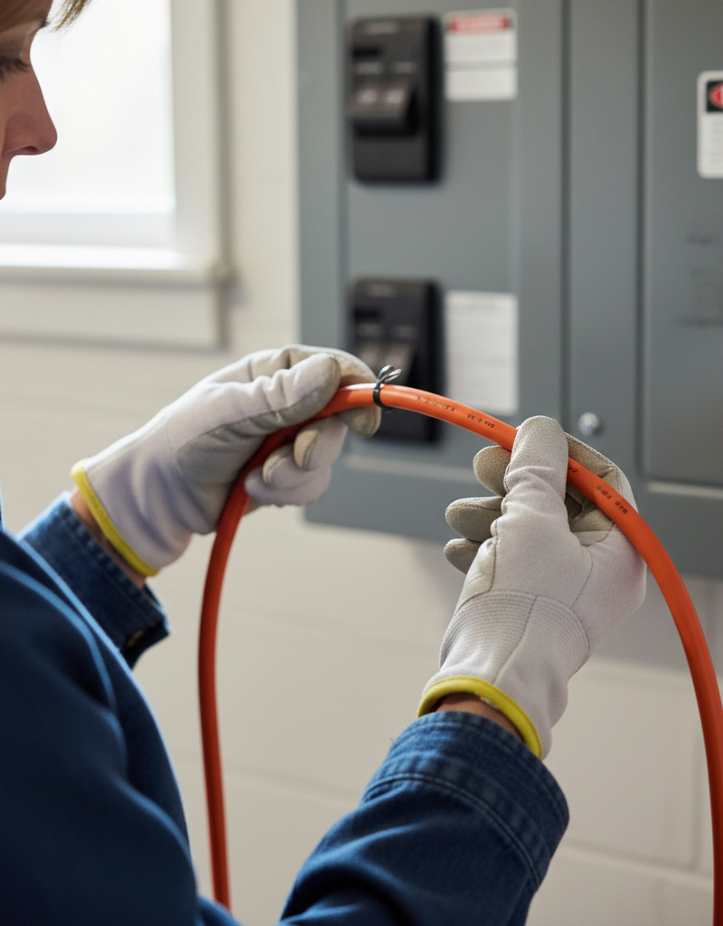 Homeowner inspecting an orange heavy-duty extension cord for damage near a circuit breaker panel.