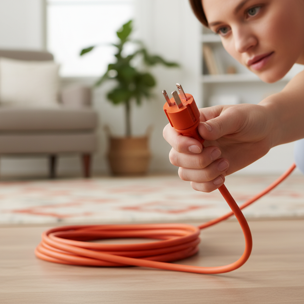Homeowner inspecting a damaged extension cord plug for electrical faults.