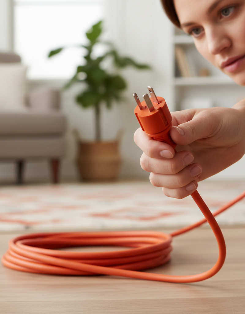 Homeowner inspecting a damaged extension cord plug for electrical faults.