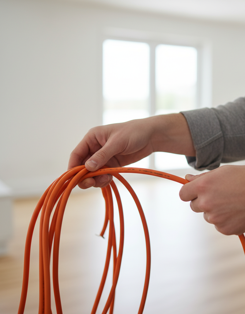 Homeowner inspecting an orange extension cord for damage to diagnose a tripping circuit breaker.