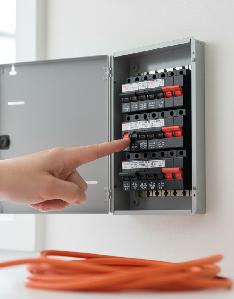 Hand pointing at a tripped circuit breaker with an extension cord in the foreground