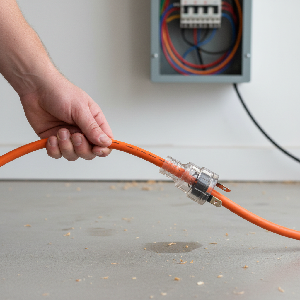 Homeowner inspecting an orange extension cord for fraying or damage that could cause a breaker to trip.