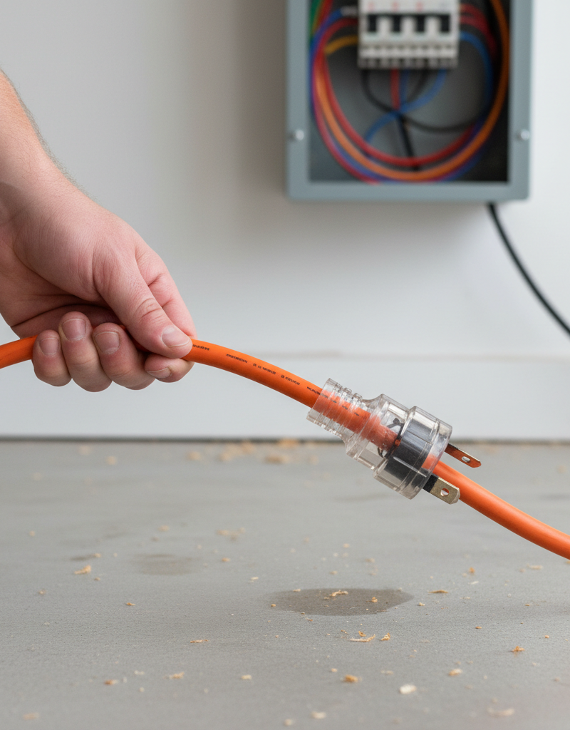 Homeowner inspecting an orange extension cord for fraying or damage that could cause a breaker to trip.