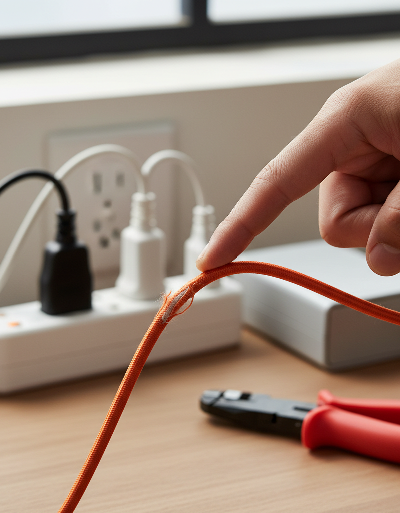 Homeowner inspecting a slightly frayed extension cord for damage near a power strip.