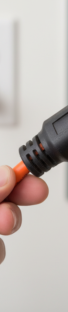 Homeowner inspecting a thick orange extension cord for cuts and frayed insulation near a wall outlet, a common cause of breaker trips.