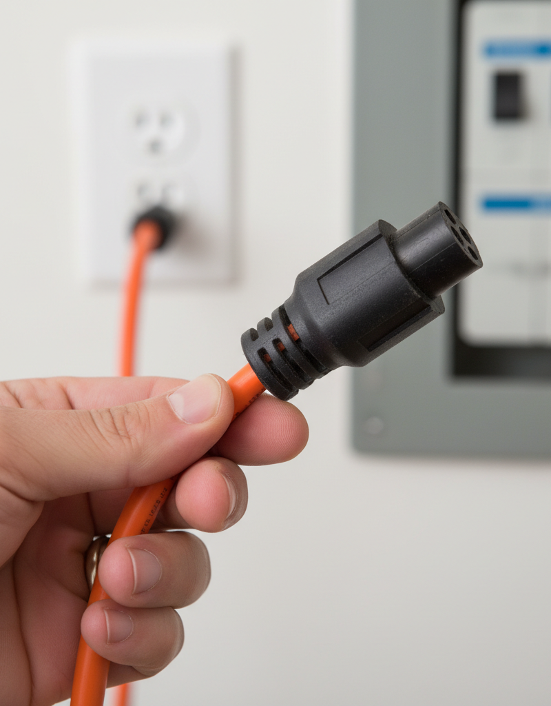 Homeowner inspecting a thick orange extension cord for cuts and frayed insulation near a wall outlet, a common cause of breaker trips.