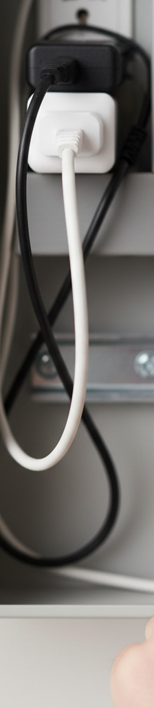 Hand pointing to a tripped circuit breaker in an electrical panel, with extension cord in background.