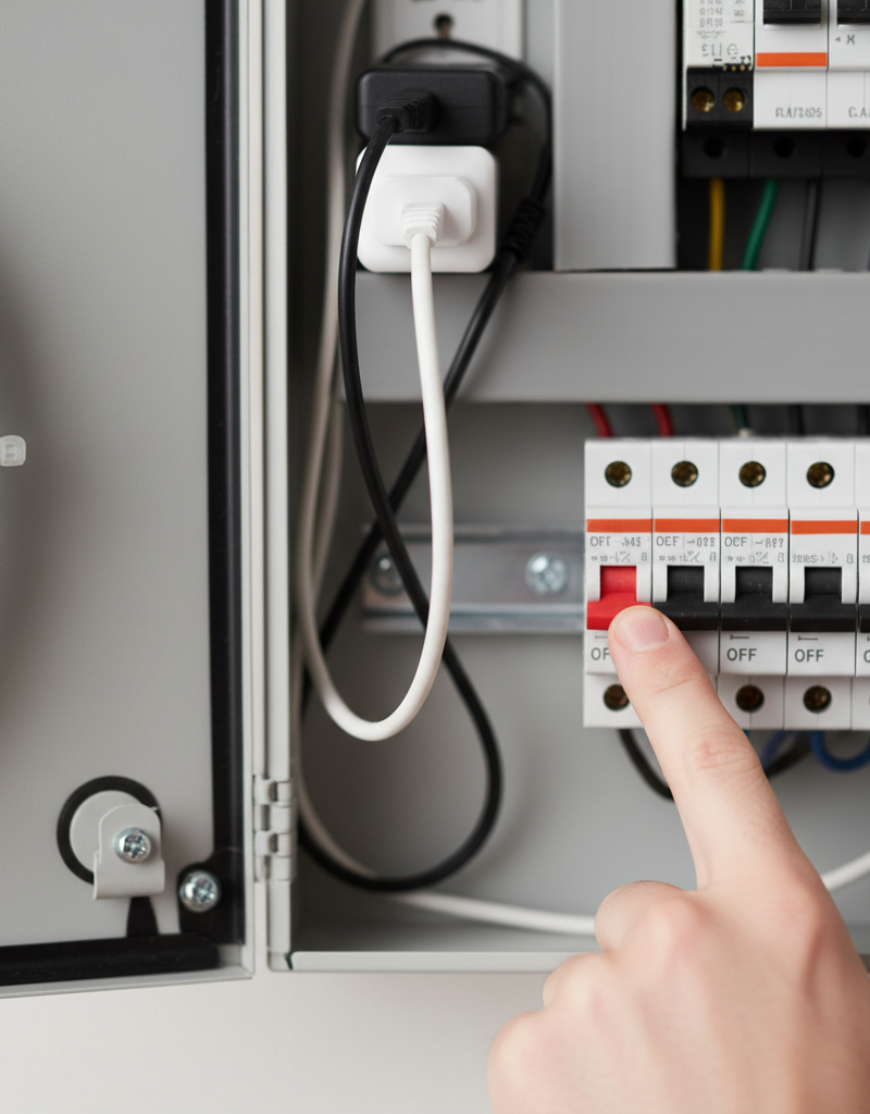 Hand pointing to a tripped circuit breaker in an electrical panel, with extension cord in background.