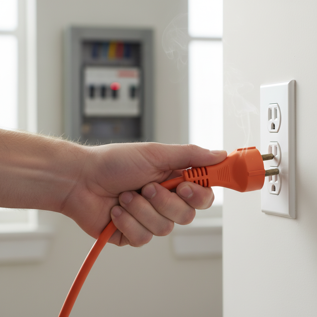 Hand unplugging an extension cord from a wall outlet after a circuit breaker tripped.