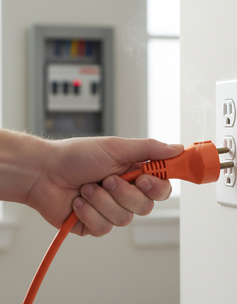 Hand unplugging an extension cord from a wall outlet after a circuit breaker tripped.