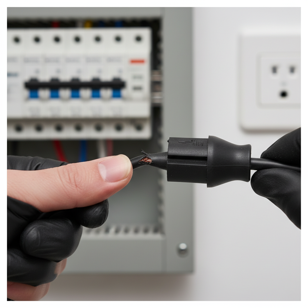 Homeowner inspecting a gray extension cord for damage near a wall outlet, troubleshooting a tripped circuit breaker.