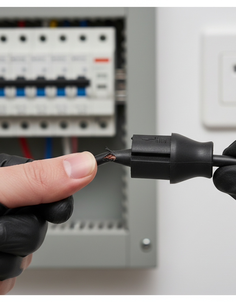 Homeowner inspecting a gray extension cord for damage near a wall outlet, troubleshooting a tripped circuit breaker.