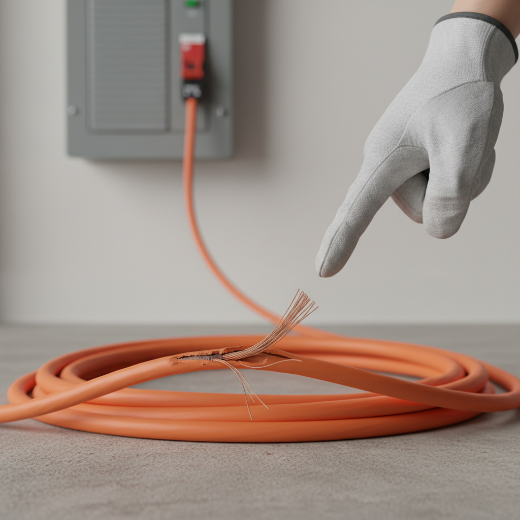 Homeowner identifying frayed section on an orange extension cord that caused a circuit breaker to trip.