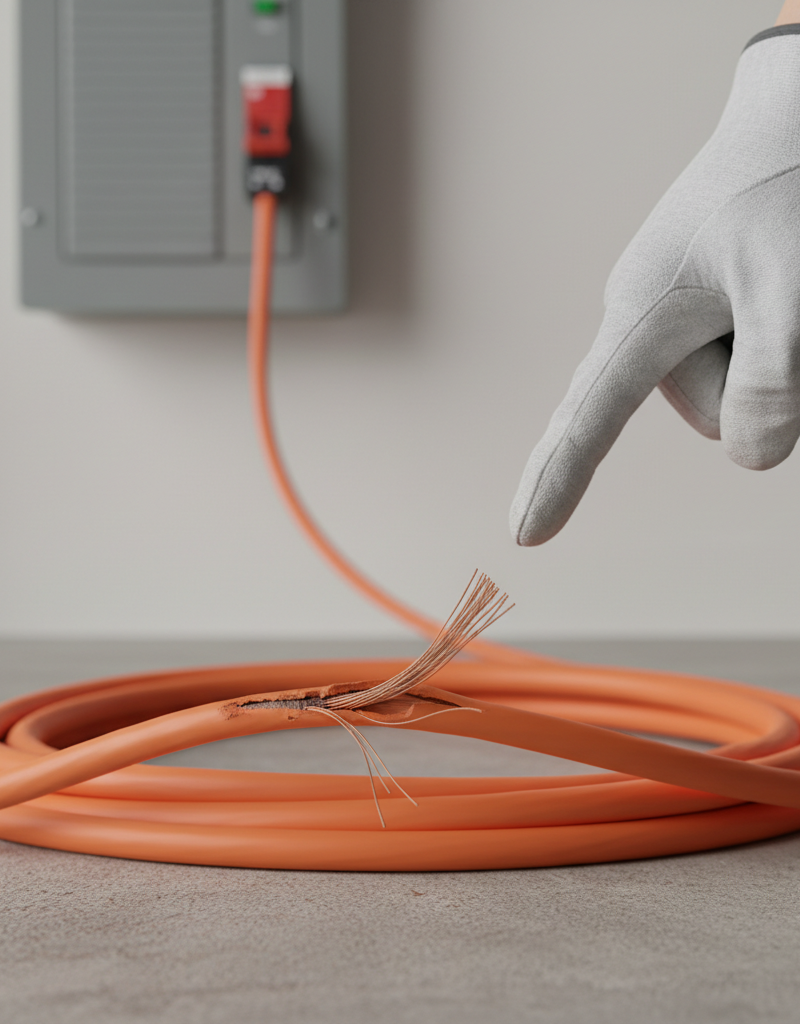 Homeowner identifying frayed section on an orange extension cord that caused a circuit breaker to trip.