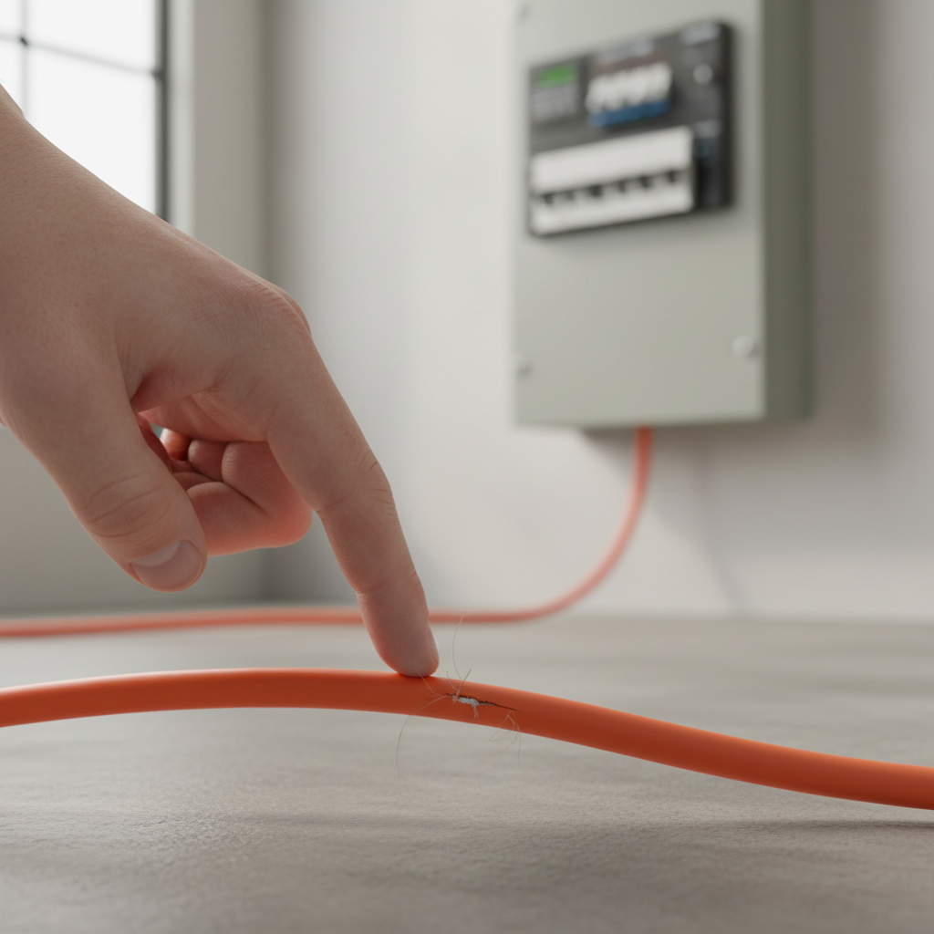 Homeowner inspecting a slightly frayed extension cord, with a circuit breaker panel in the background.