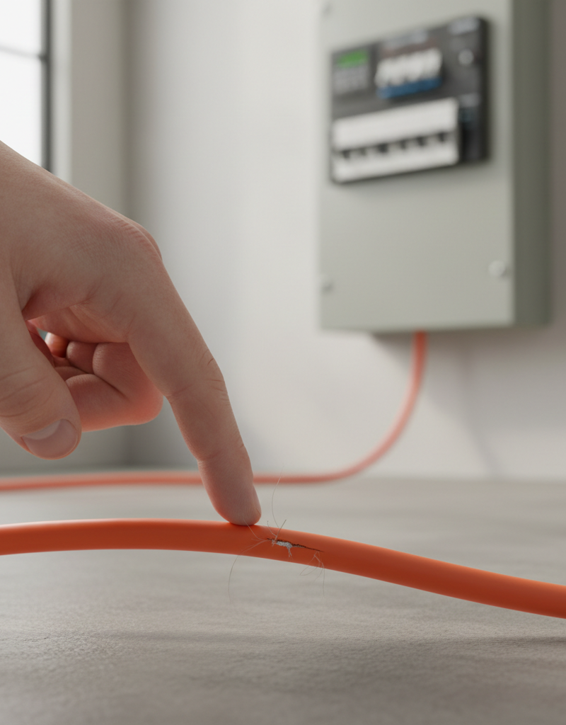 Homeowner inspecting a slightly frayed extension cord, with a circuit breaker panel in the background.
