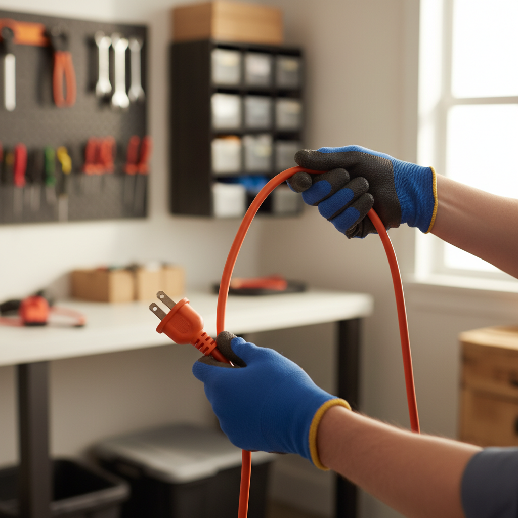 Homeowner inspecting a heavy-duty orange extension cord for visible damage like cuts or fraying