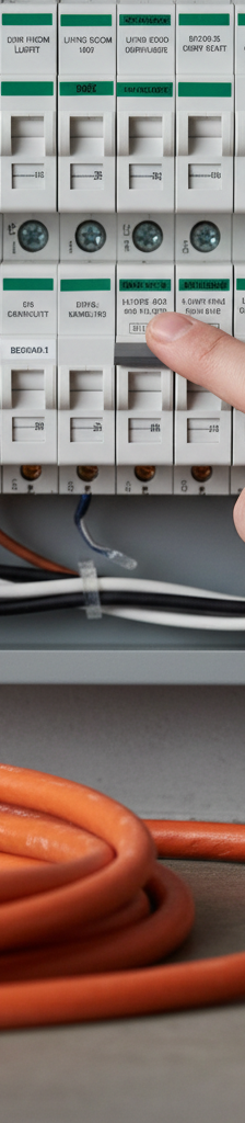 Homeowner's hand resetting a tripped circuit breaker in a home electrical panel, with an orange extension cord visible nearby.