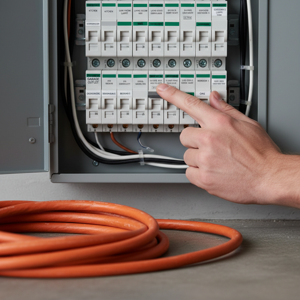Homeowner's hand resetting a tripped circuit breaker in a home electrical panel, with an orange extension cord visible nearby.