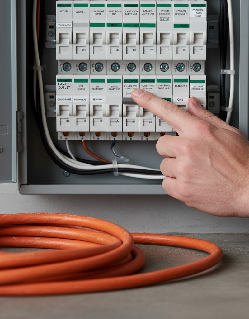 Homeowner's hand resetting a tripped circuit breaker in a home electrical panel, with an orange extension cord visible nearby.