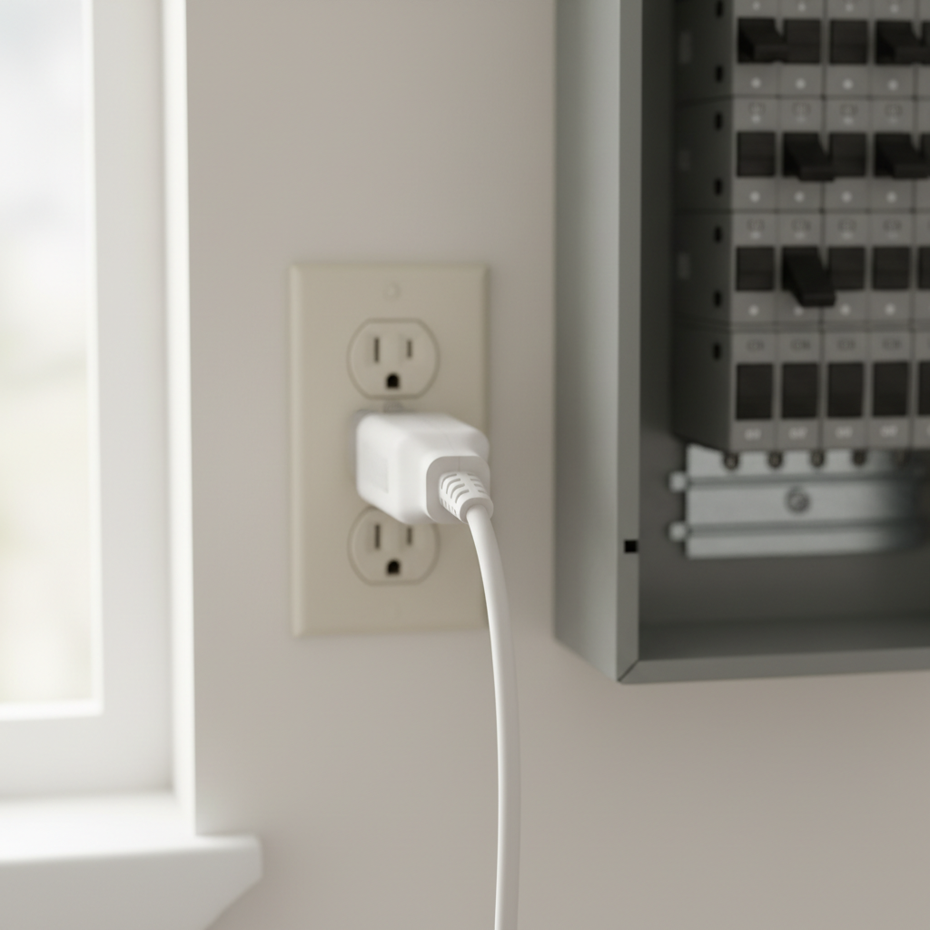 Extension cord plugged into an outlet with a tripped circuit breaker in the background