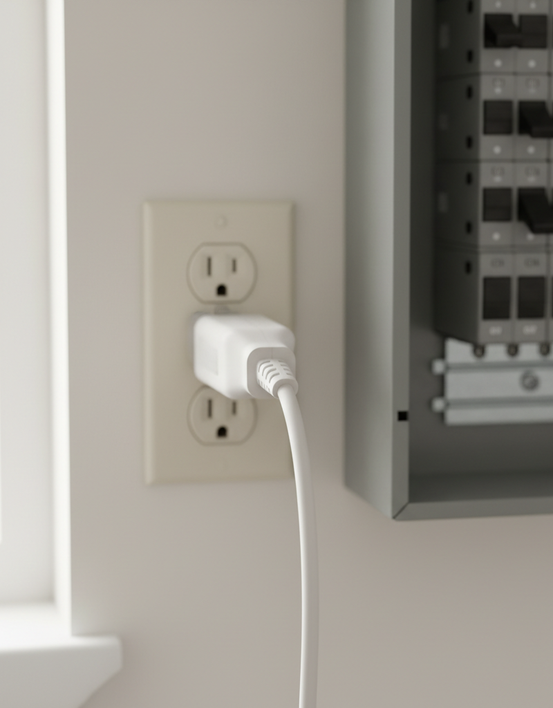 Extension cord plugged into an outlet with a tripped circuit breaker in the background