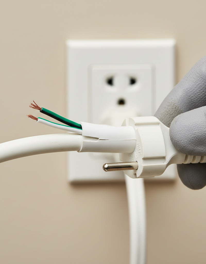 Hand inspecting a common household extension cord for damage near the plug, with an electrical outlet in the background.