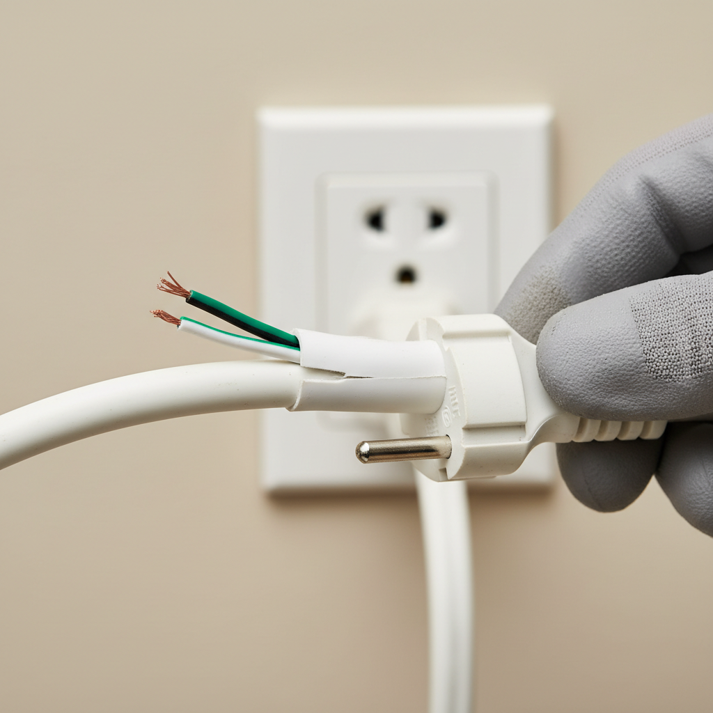 Hand inspecting a common household extension cord for damage near the plug, with an electrical outlet in the background.