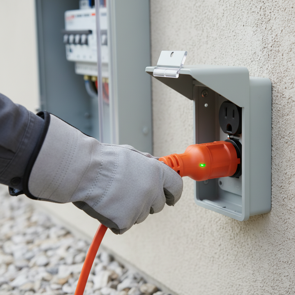 Homeowner plugging heavy-duty extension cord into outdoor outlet near circuit breaker